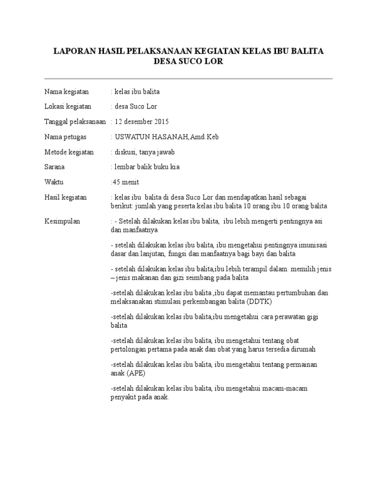 Laporan Hasil Pelaksanaan Kegiatan Kelas Ibu Balita