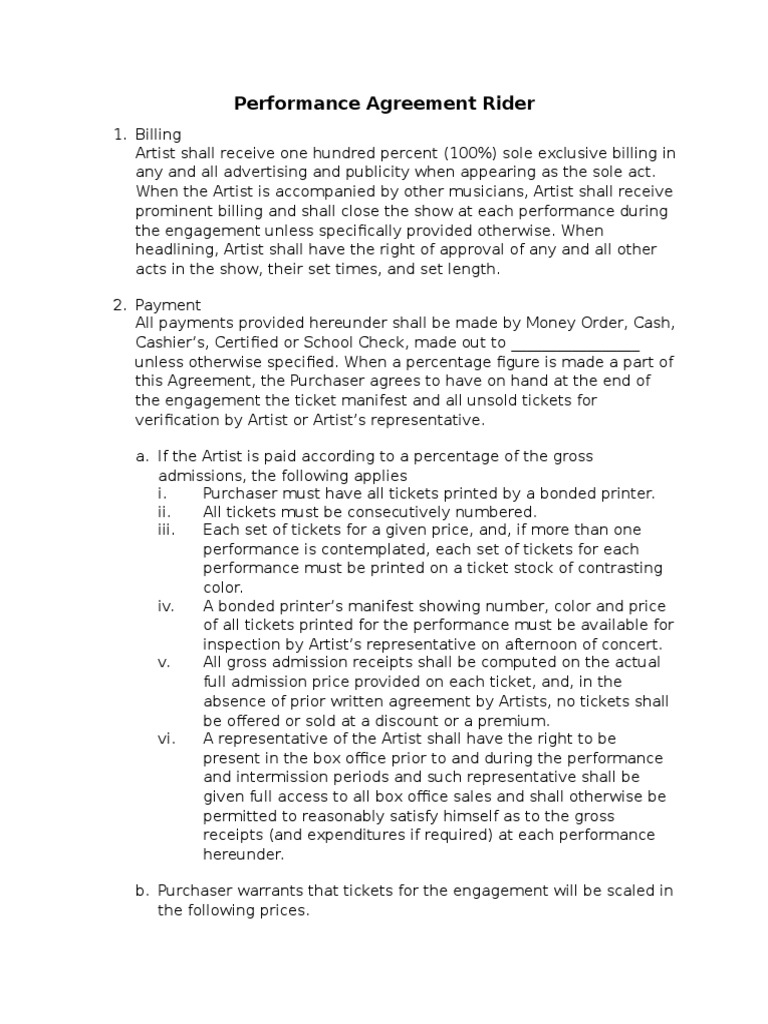 Artist Performance Agreement Guidelines | PDF | Insurance | Ticket ...