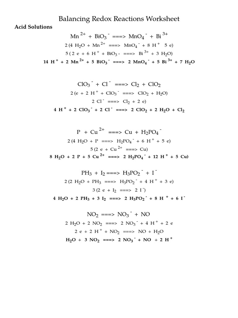 Balancing Redox Equations Examples