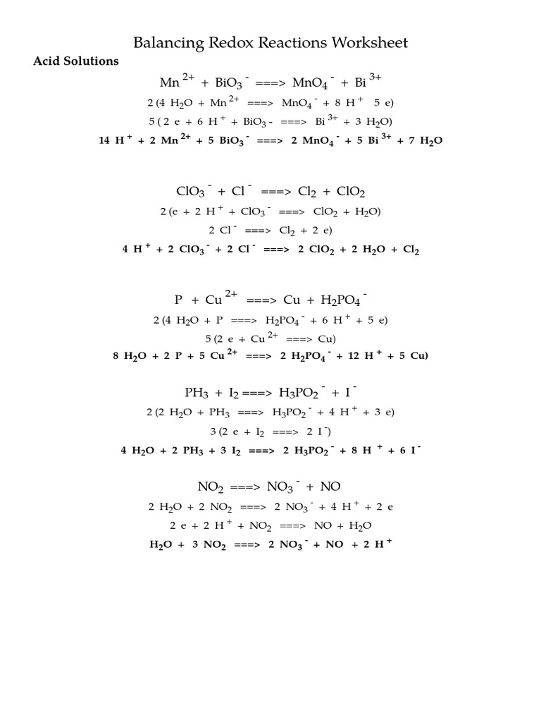 Balancing Redox Reactions Worksheet Key