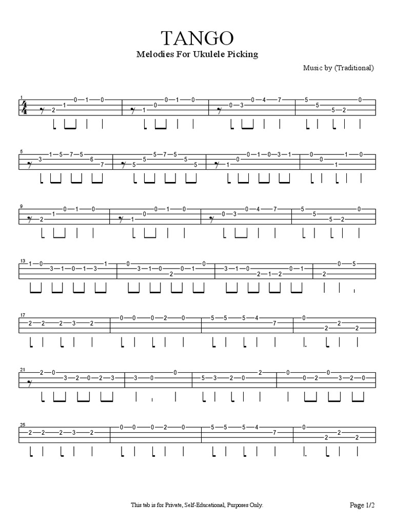 Ukulele Tab for Tango Music. Beginner Level.