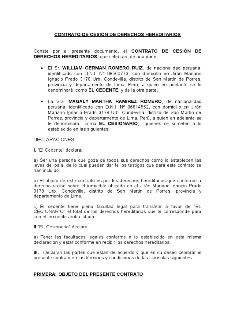 Contrato de Cesion de Derechos Hereditarios | PDF | Pagos | Ley común