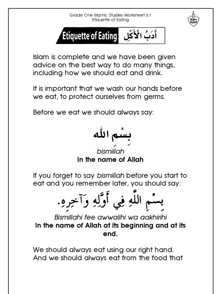 grade 1 islamic studies worksheet 6 1 etiquette of eating pdf