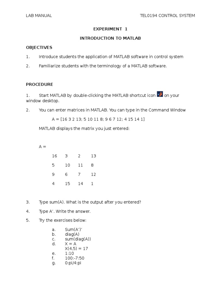 MATLAB Basics for Control Systems Lab | PDF | Teaching Methods ...