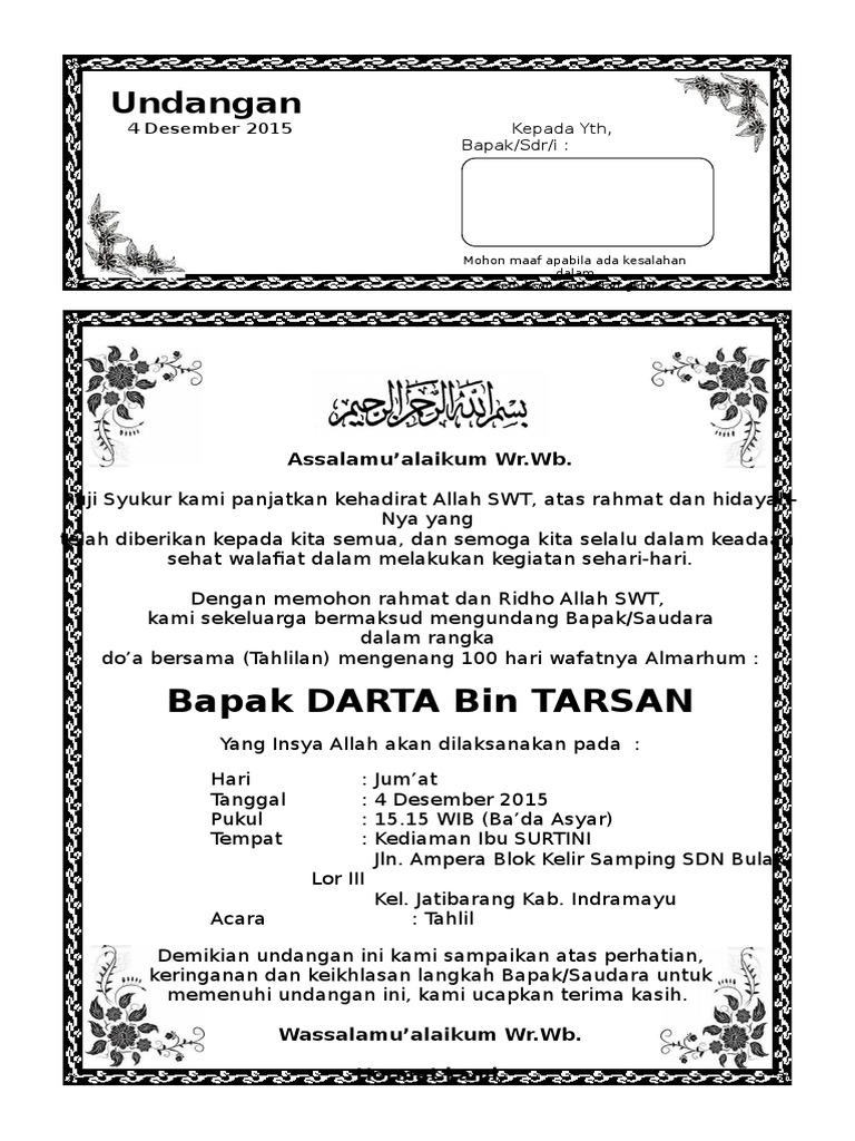 Contoh Surat Undangan Tahlil 40 100 1000 Hari Haul