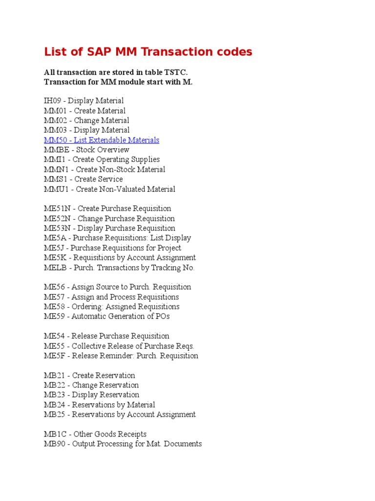 List of SAP MM Transaction Codes Computing Technology