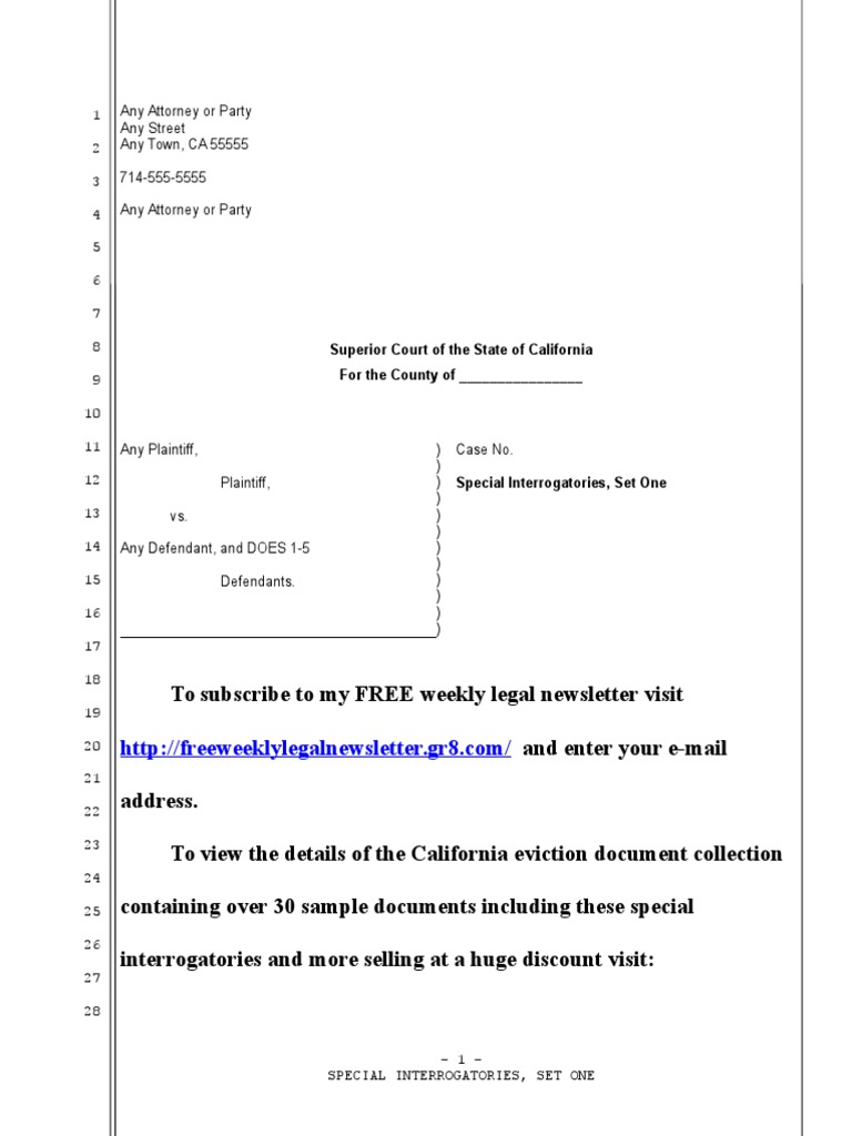 Sample Special Interrogatories For Eviction in California PDF