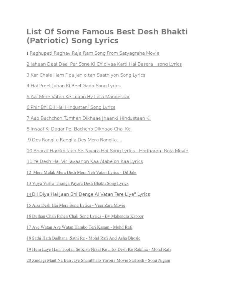 List Of Some Famous Best Desh Bhakti list of some famous best desh bhakti