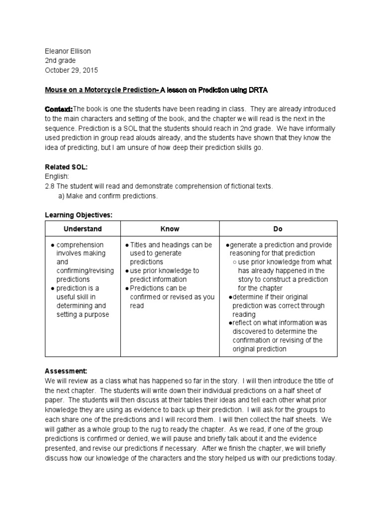 2nd Grade Prediction Lesson Plan | PDF | Reading Comprehension ...