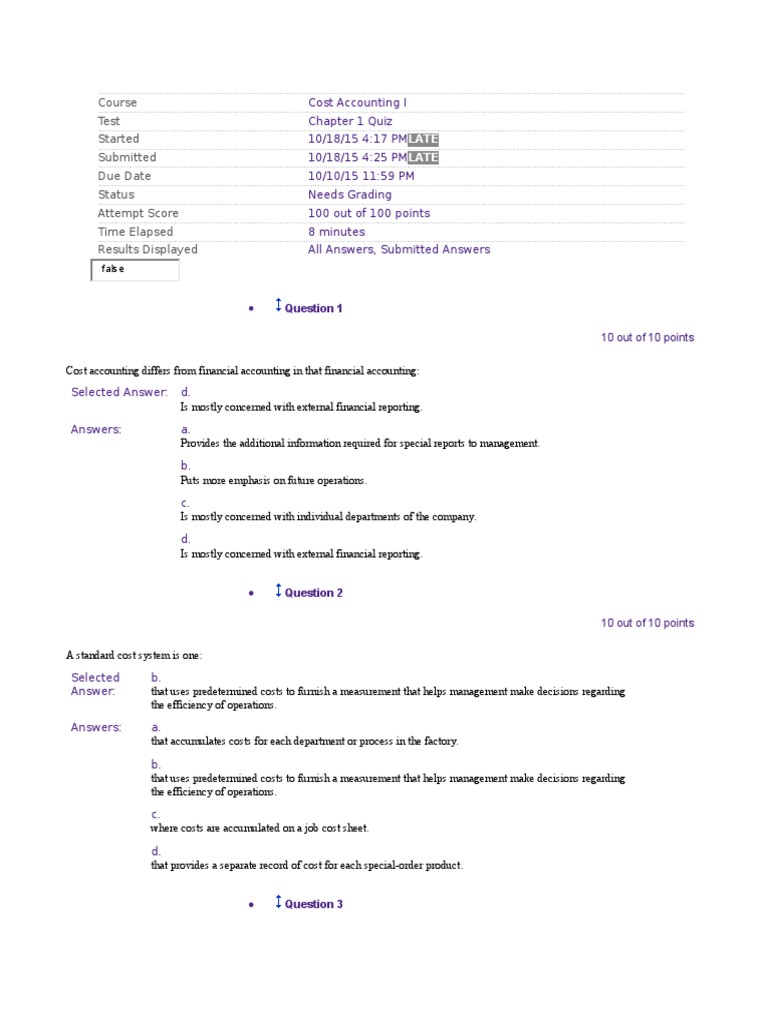 Cost Accounting Quiz Chapter 1 PDF Cost Accounting Cost