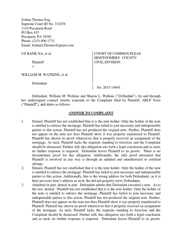 Forclosure PA Answer Foreclosure Cause Of Action Free 30day