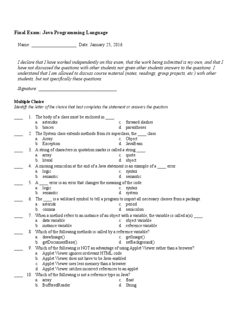 Final Exam Questions | PDF | Java (Programming Language) | Class ...