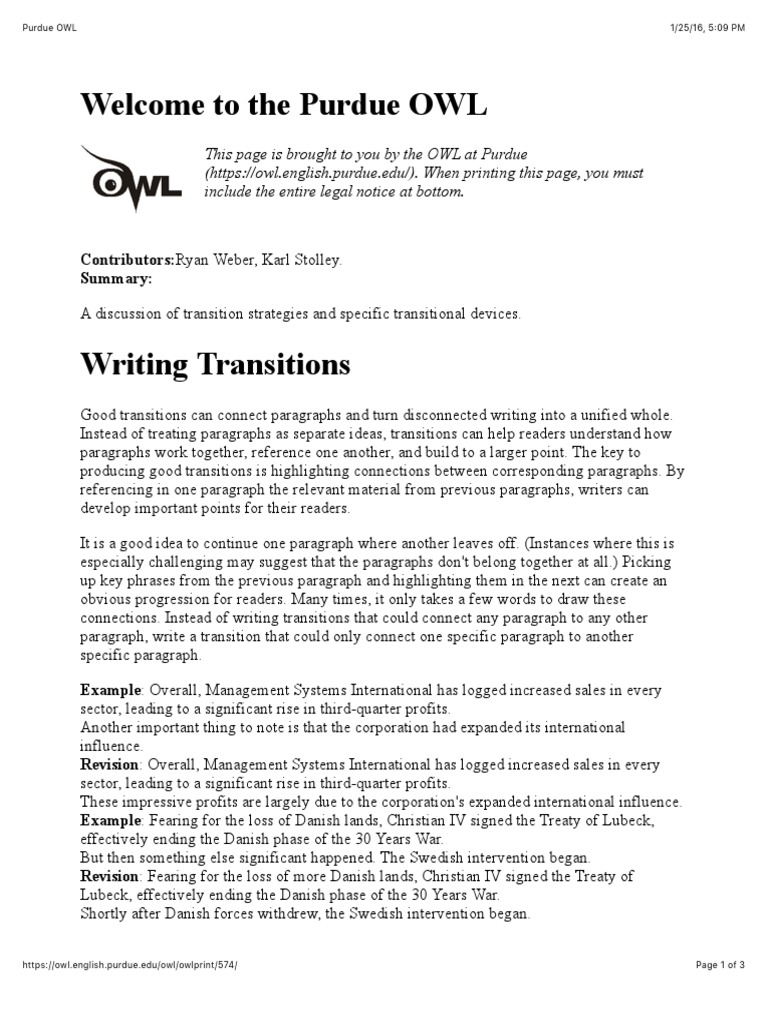 Purdue OWL Transitional Paragraph Fiction & Literature