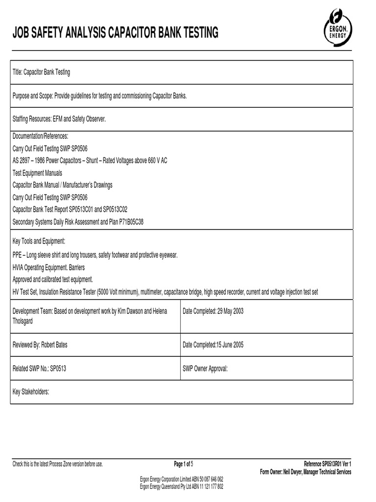 JOB SAFETY ANALYSIS CAPACITOR BANK TESTING Capacitor Risk