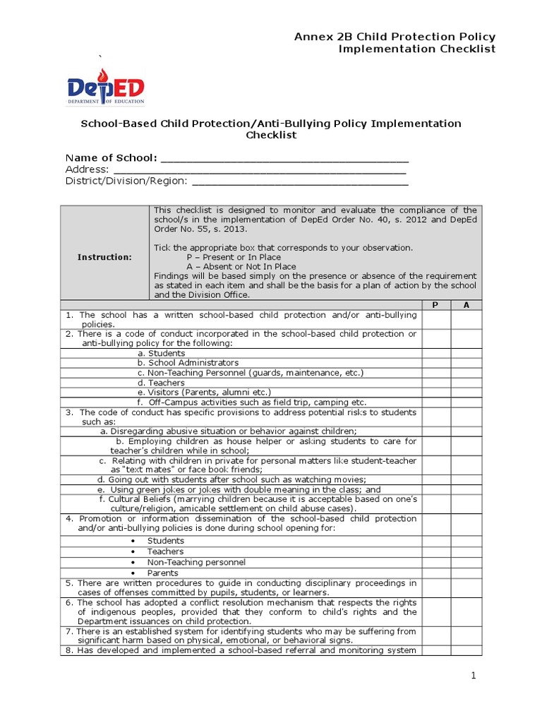 Child Protection Policy Checklist | PDF | Child Protection | Bullying