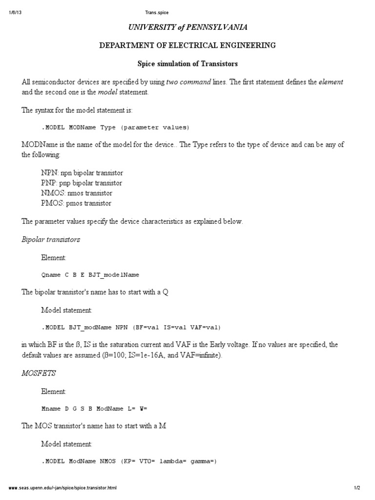 SPICE Transistor Model Syntax Guide | PDF