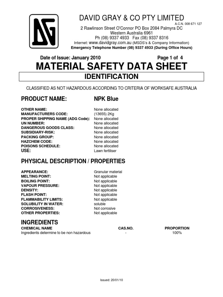 MSDS NPK Blue Fertiliser Occupational Safety And Health Safety