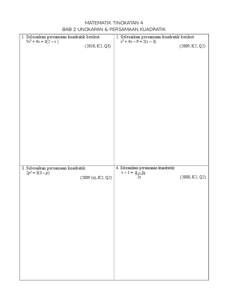 T4 Bab 2 Soalan Tahun Lepas Persamaan Kuadratik Pdf