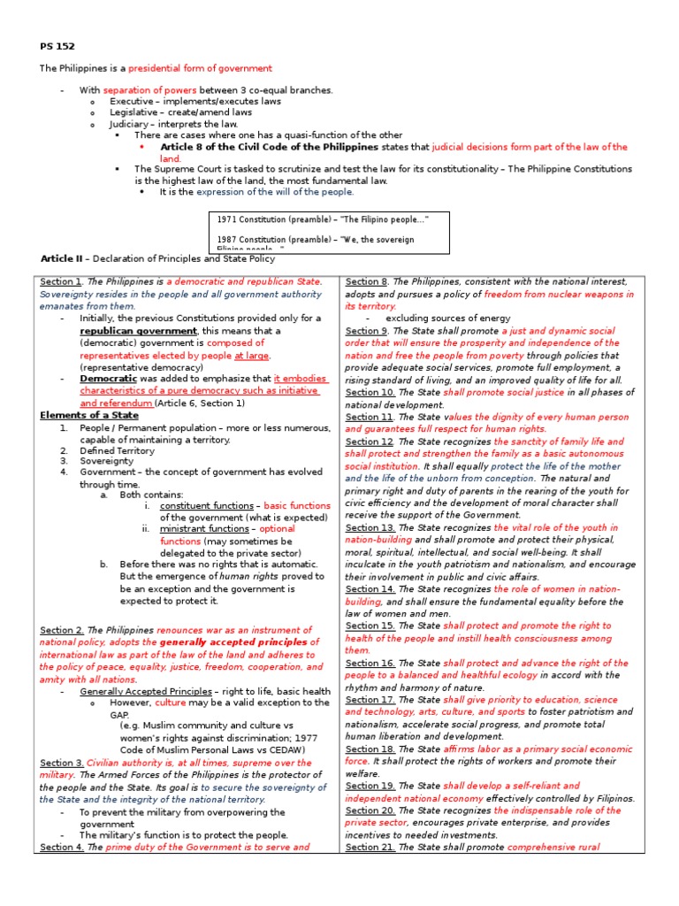 PS 152 Reviewer | PDF | Political Science | Constitutional Law