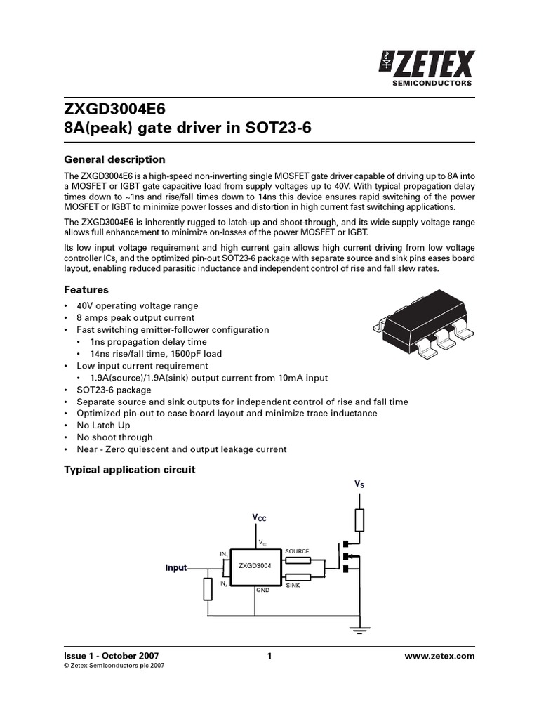 Zxgd3004e6 8a 40v Gate Driver | PDF | Mosfet | Tort