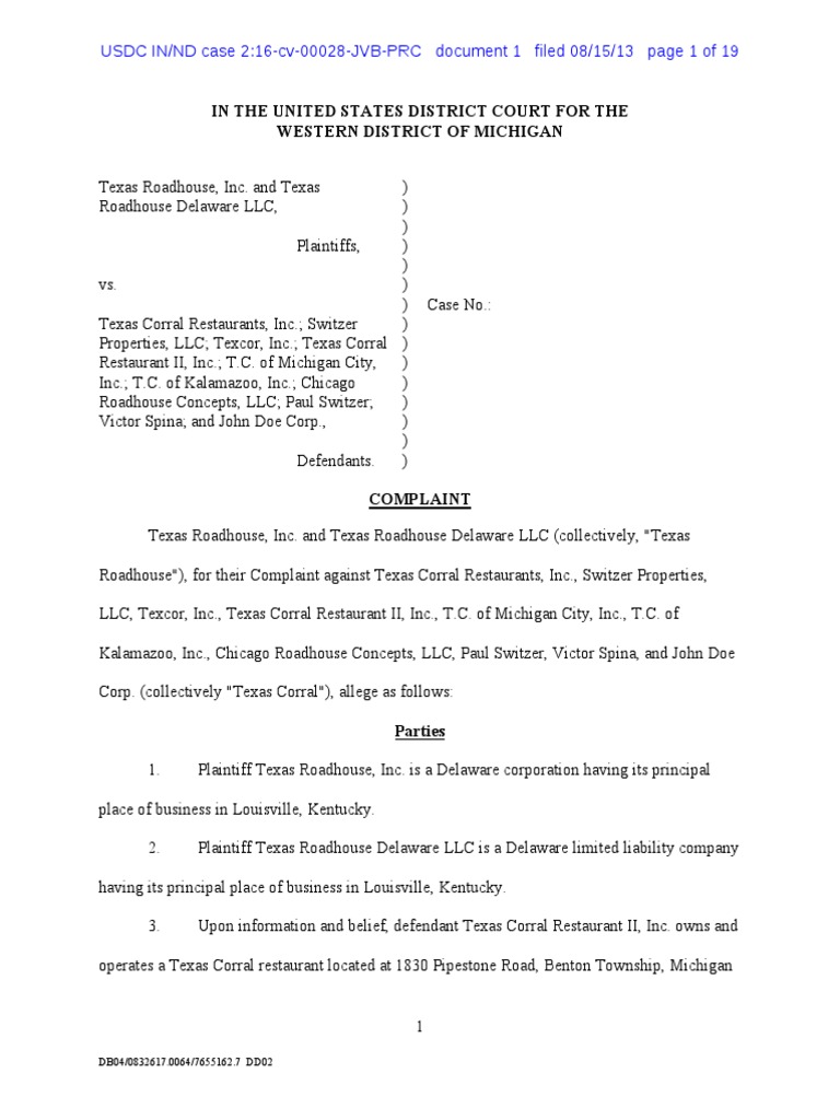 Texas Roadhouse Complaint PDF Trade Dress Trademark