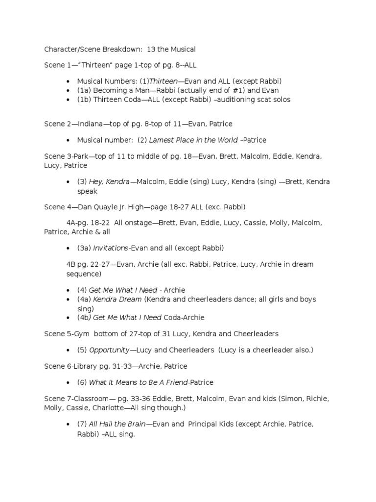 Character Breakdown for 13 the Musical | PDF | Leisure