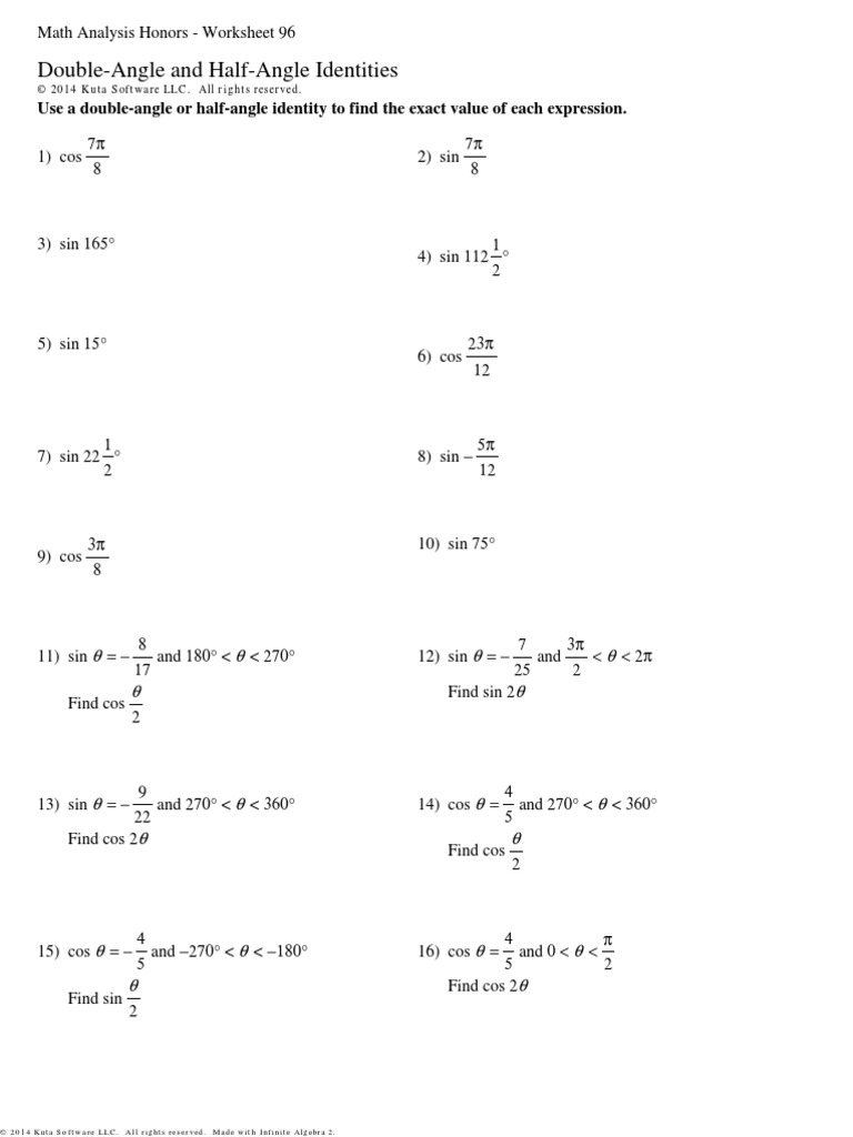 Double Angle And Half Angle Identities Sine Worksheet