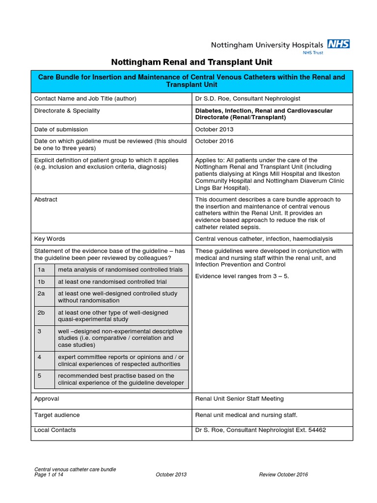 Care Bundle For Insertion And Maintenance Of Central Venous Catheters Within The Renal And Transplant Unit Hemodialysis Hand Washing