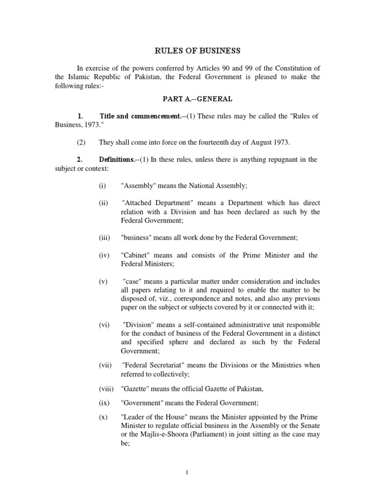 Rules of Business 1973 Download Free PDF Parliament Of Pakistan