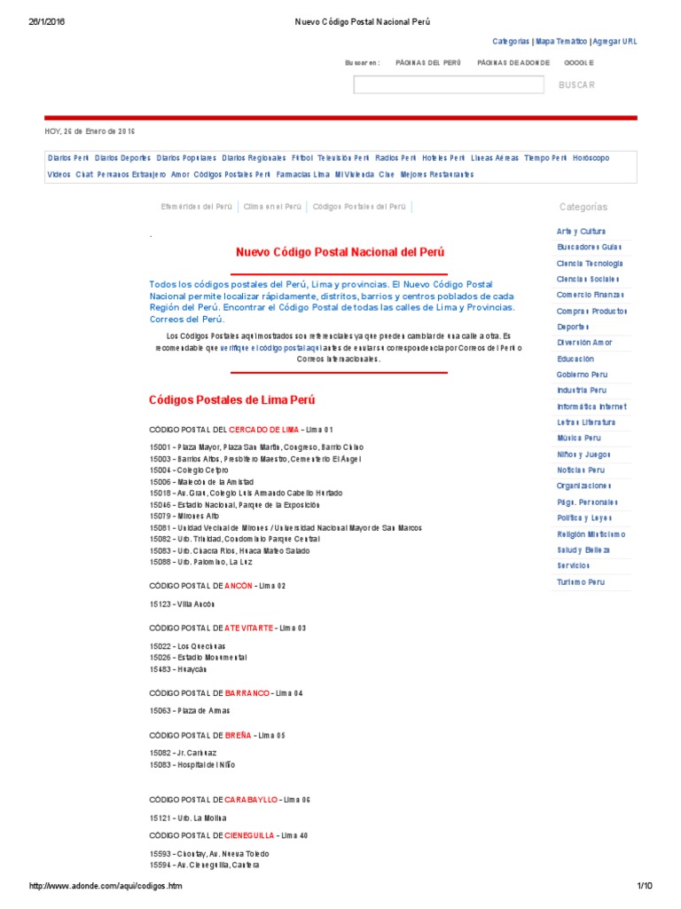 Nuevo Código Postal Nacional Perú Lima Perú