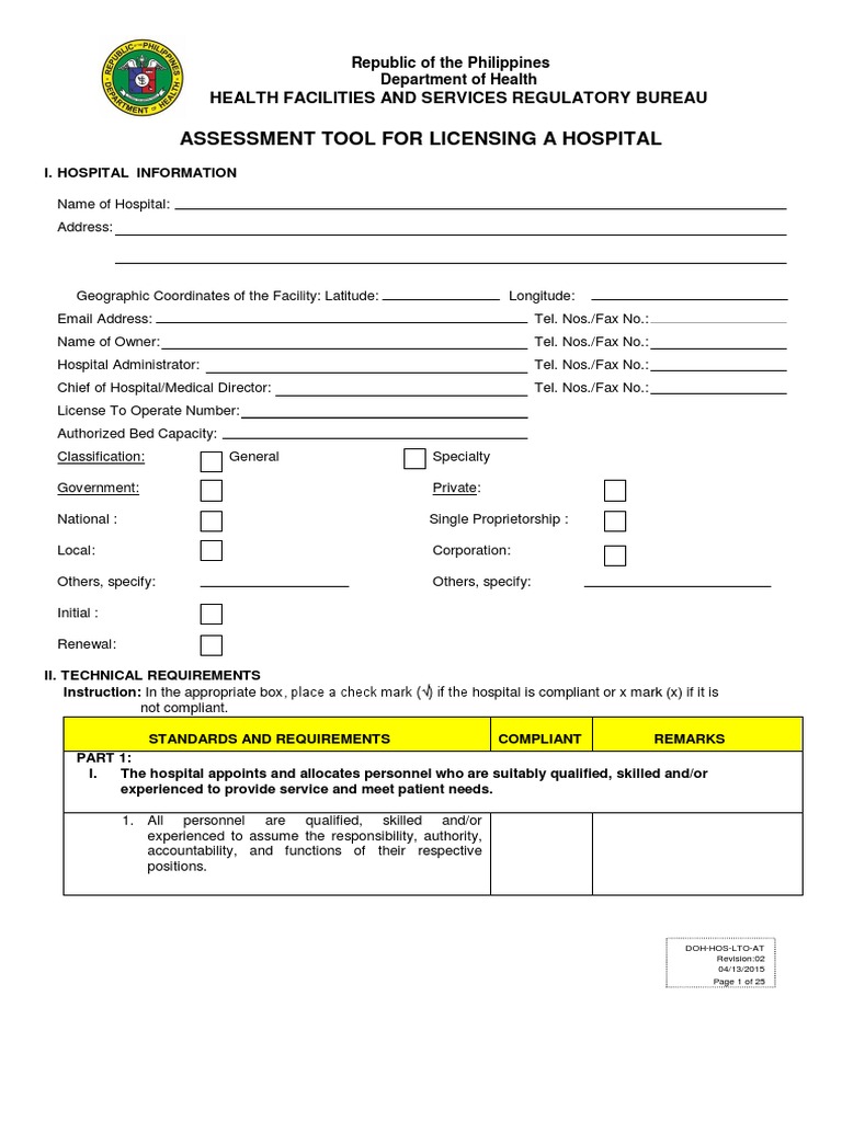 DOH Assessment Tool For Licensing Hospitals 2015 PDF Nursing Medicine