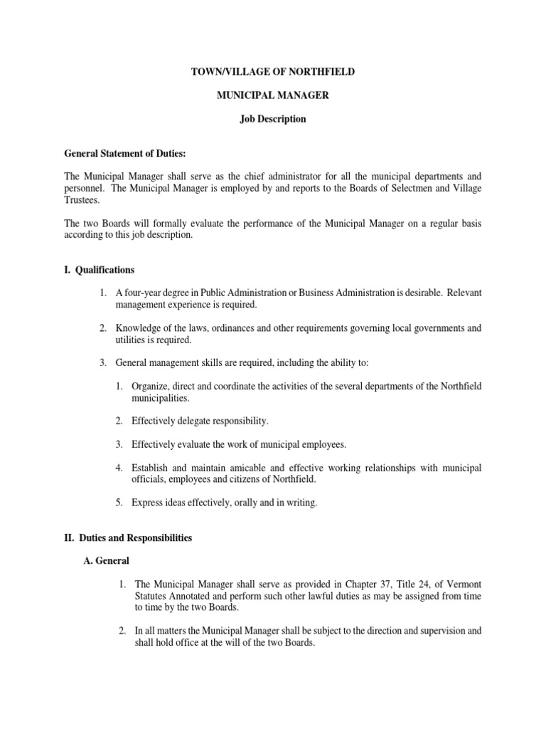 Northfield Municipal Manager Job Description | PDF | Employment ...
