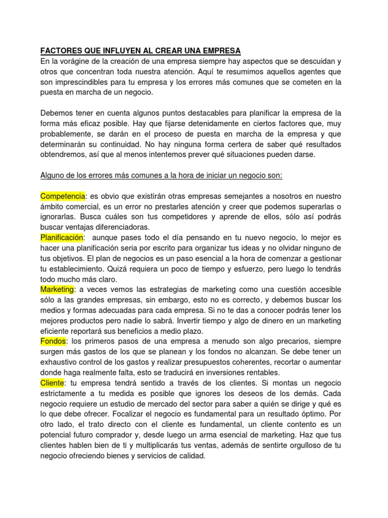 Factores Que Influyen Al Crear Una Empresa | PDF | Marketing | Cliente