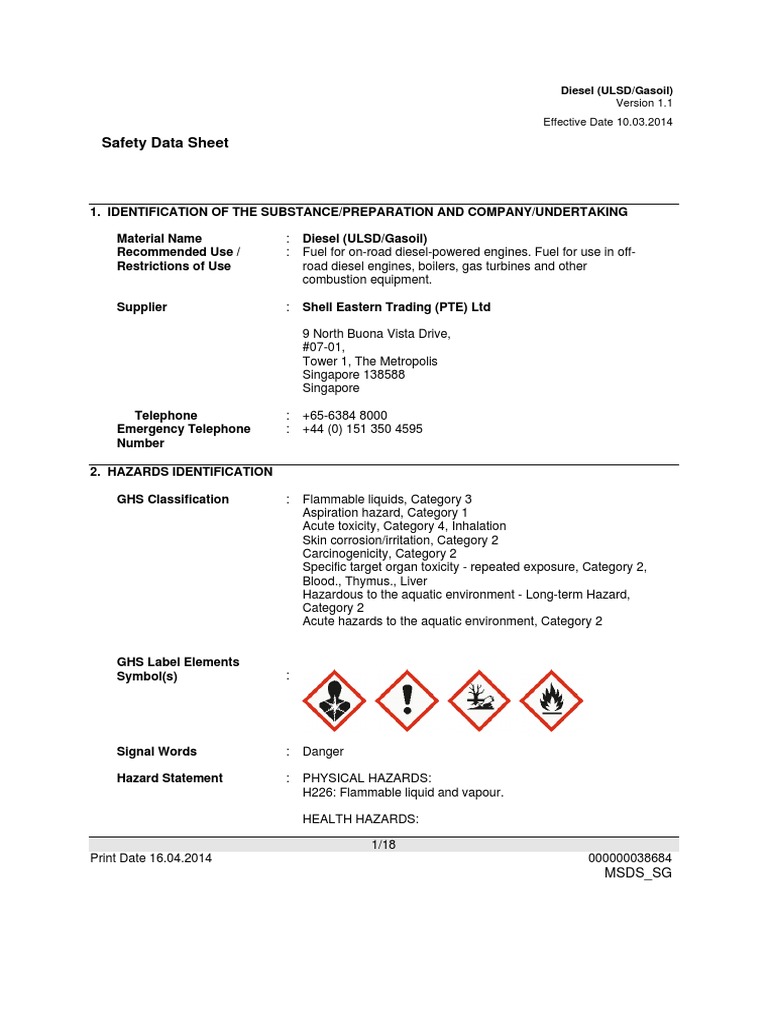 Shell Diesel Safety Data Sheet 2024 | PDF | Toxicity | Personal ...