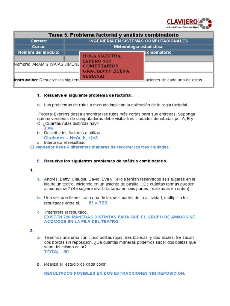 Problema Factorial y Análisis Combinatorio | PDF | Métodos y materiales ...