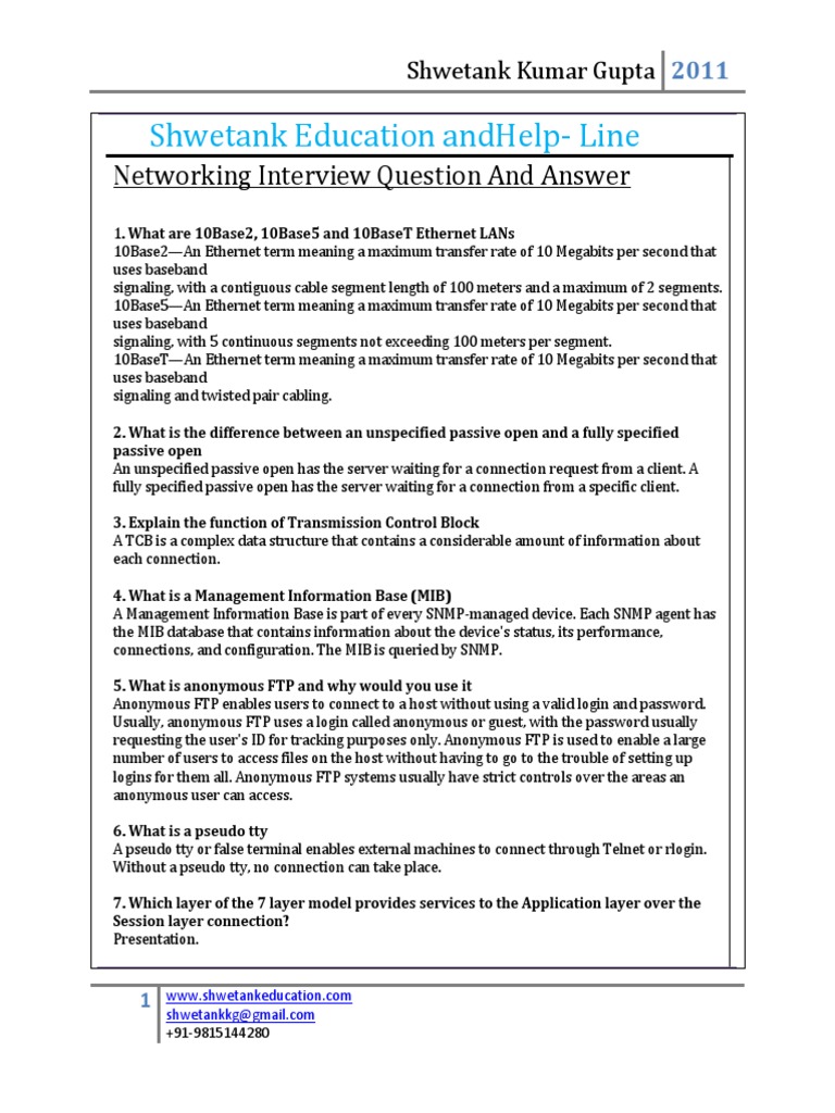 Shwetank Education AndhelpLine Networking Interview Question and