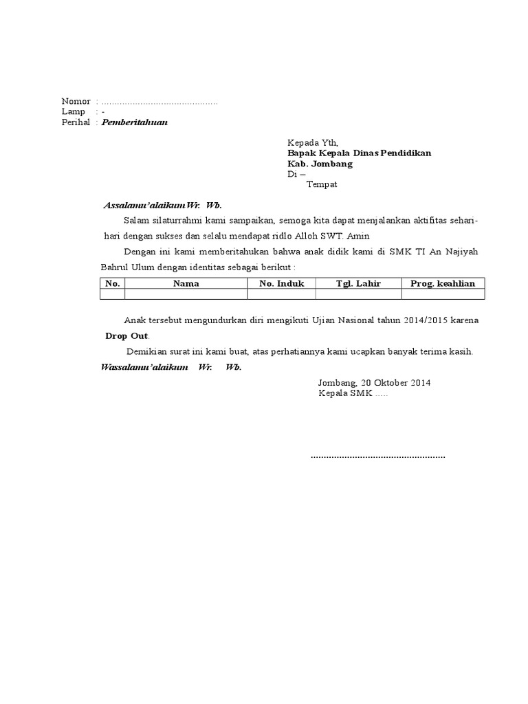 Contoh Surat Drop Out