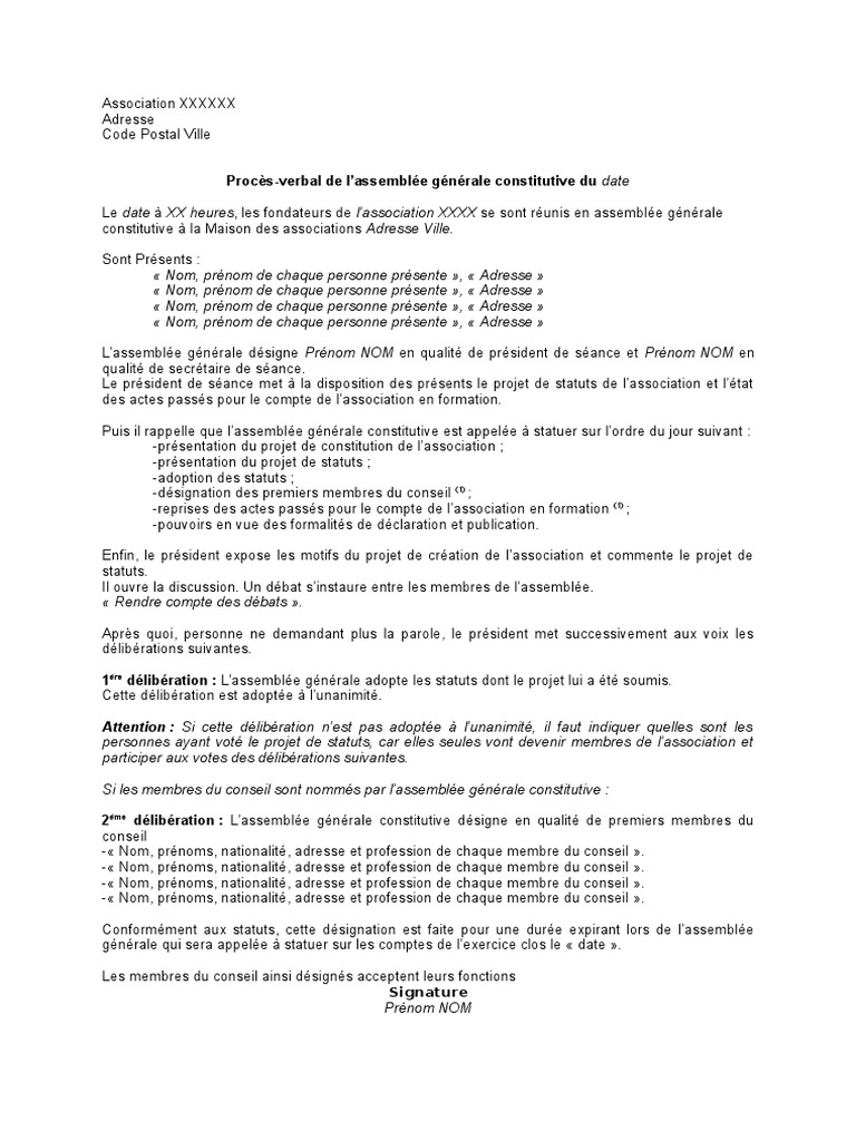 Exemple De Proces Verbal D AG Constitutive De L Association PDF 