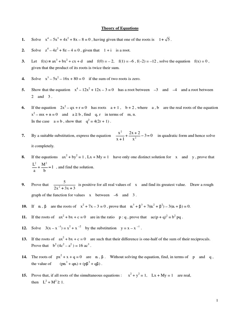 Theory of Equations: Problems & Solutions | PDF | Quadratic Equation ...