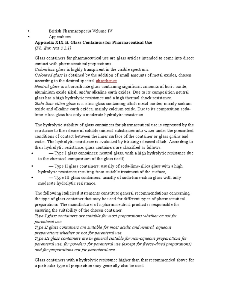 Classification and Testing of Glass Containers for Pharmaceutical Use Based on Their Hydrolytic