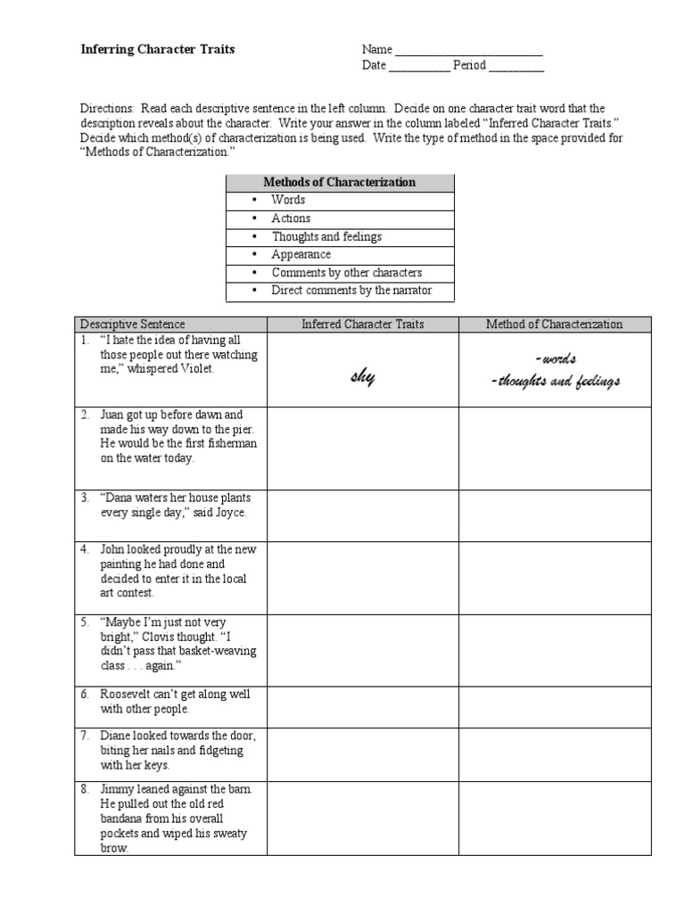 Character Trait Inference Exercise | PDF
