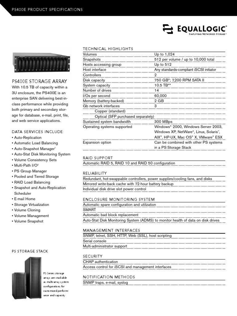 Equallogic PS400E Product Specifications | Computer Hardware