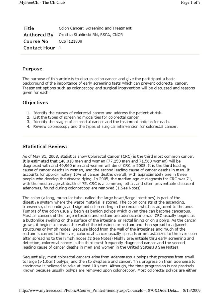 Colon Cancer Screening and Treatment | PDF | Adenoma | Colorectal Cancer
