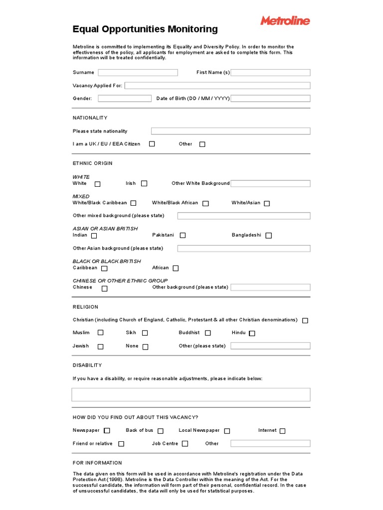 Equal Opportunities Monitoring Form | PDF | Social Science