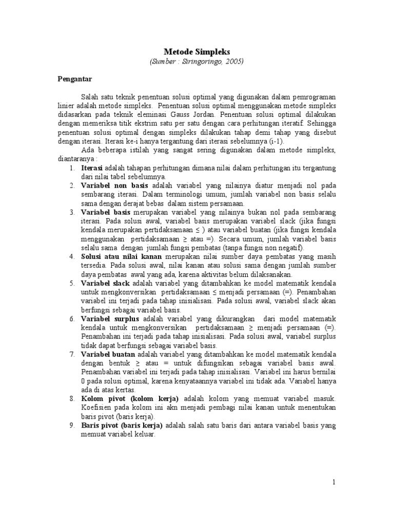Metode Simpleks dalam Pemrograman Linier | PDF | Metode & Bahan Ajar