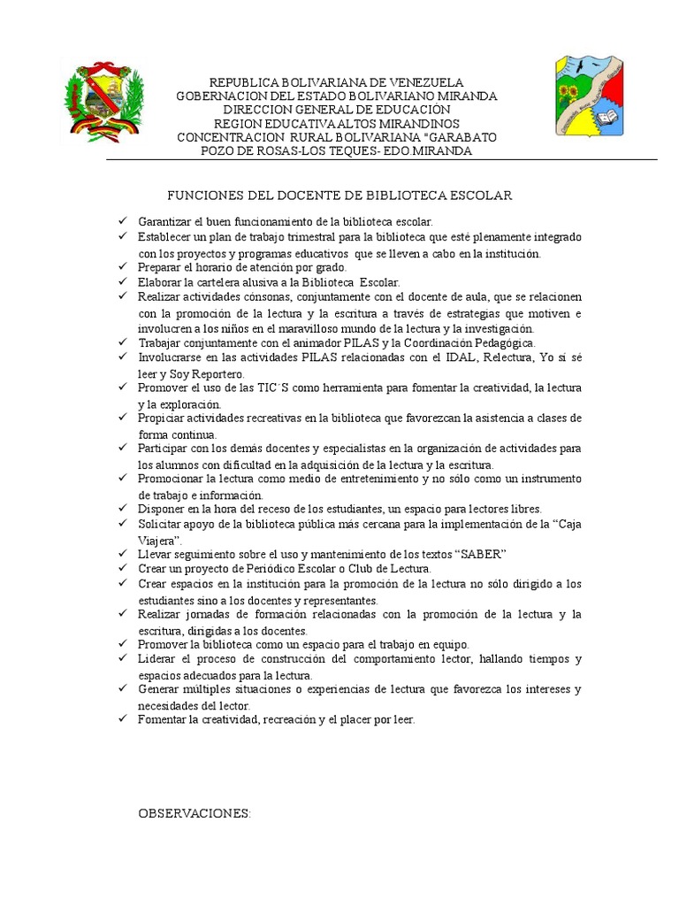 Funciones del Docente Bibliotecario Escolar | PDF | Bibliotecas | Salón ...