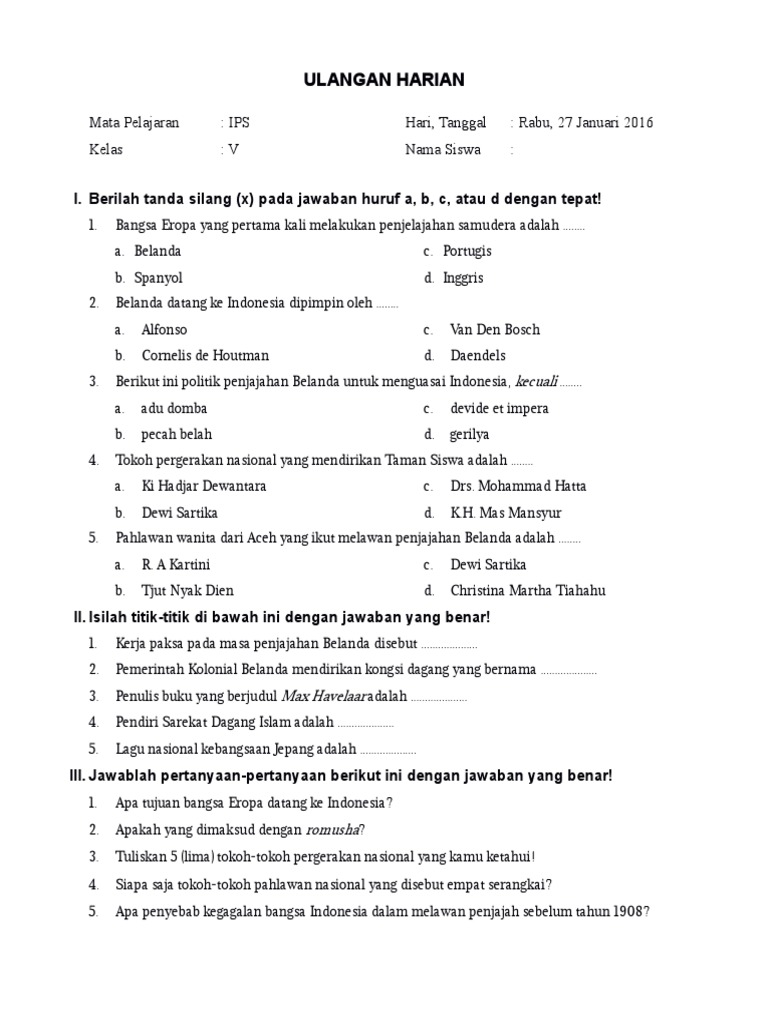 Ulangan Harian Ips Kelas V Sd