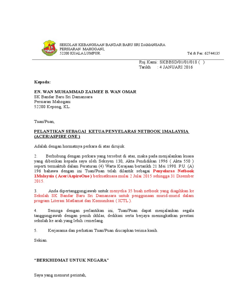 Contoh Surat Pemberitahuan Malaysia