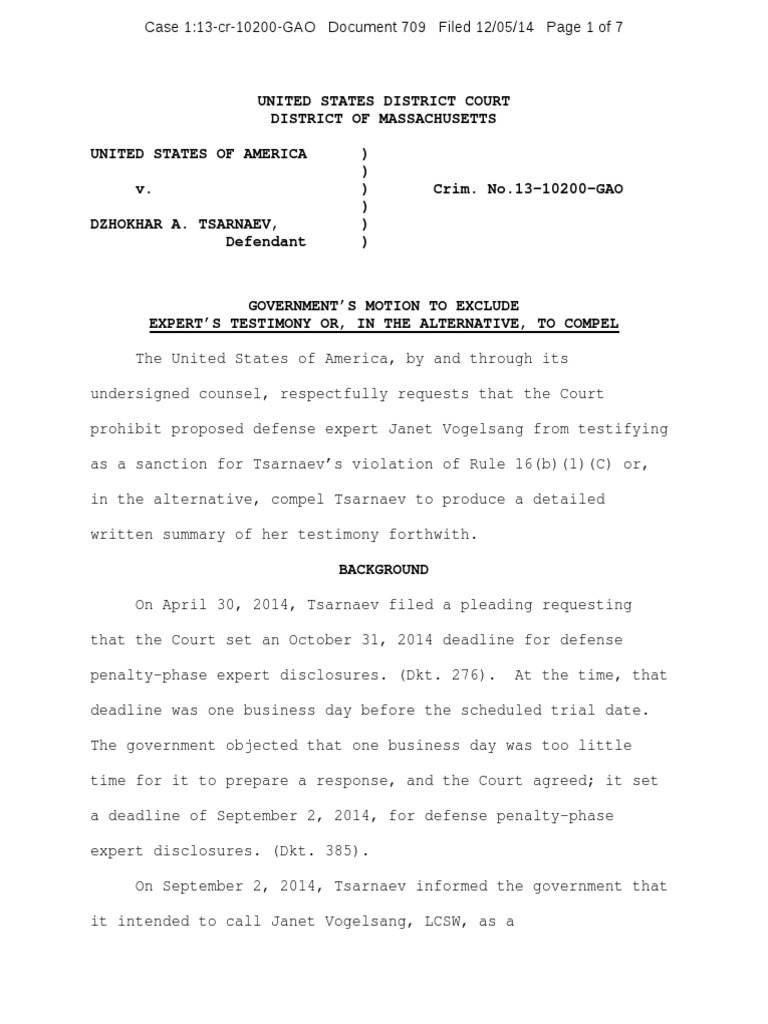 [Doc 709] 1252014 Govt's Motion to Exclude Evidence (Law) Testimony