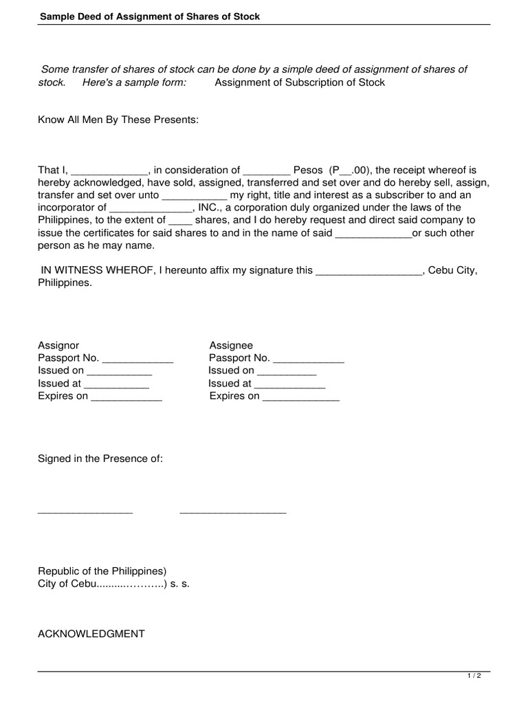 deed of assignment stock